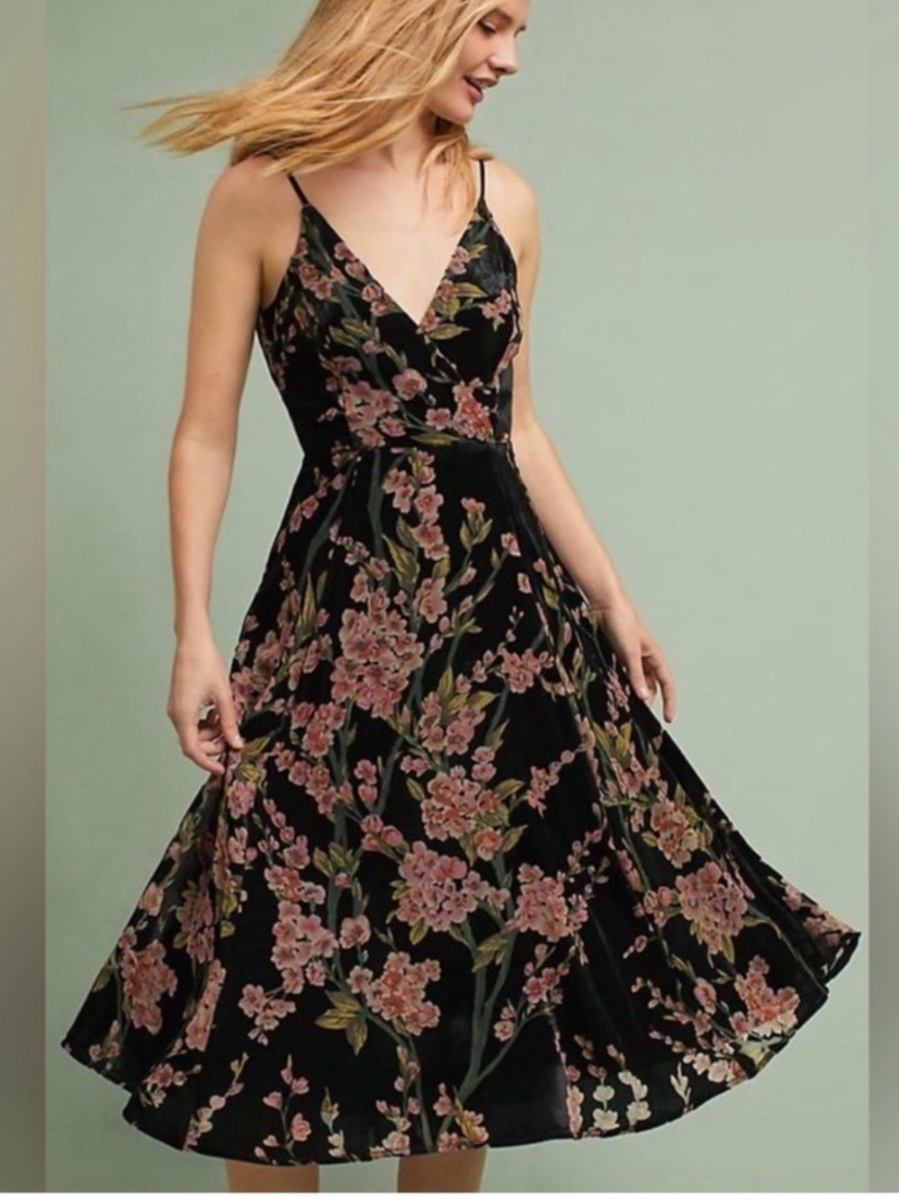 Floral Velvet A-Line Midi Dress in Black and Pink